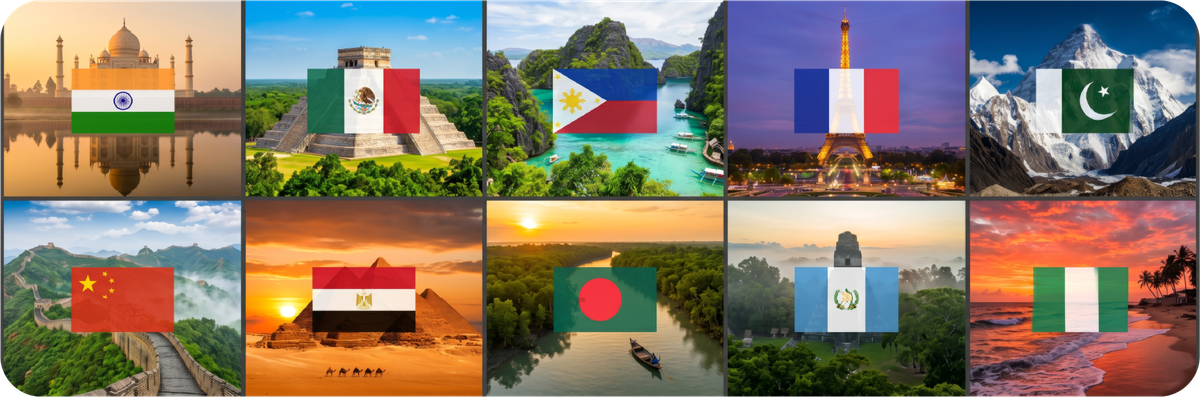 Kolase bendera dan landmark negara penerima remitansi terbesar di dunia.