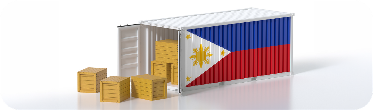 Ilustrasi kontainer dengan bendera Filipina dan kotak kargo untuk kebutuhan pengiriman barang dan transaksi bisnis ke Filipina.