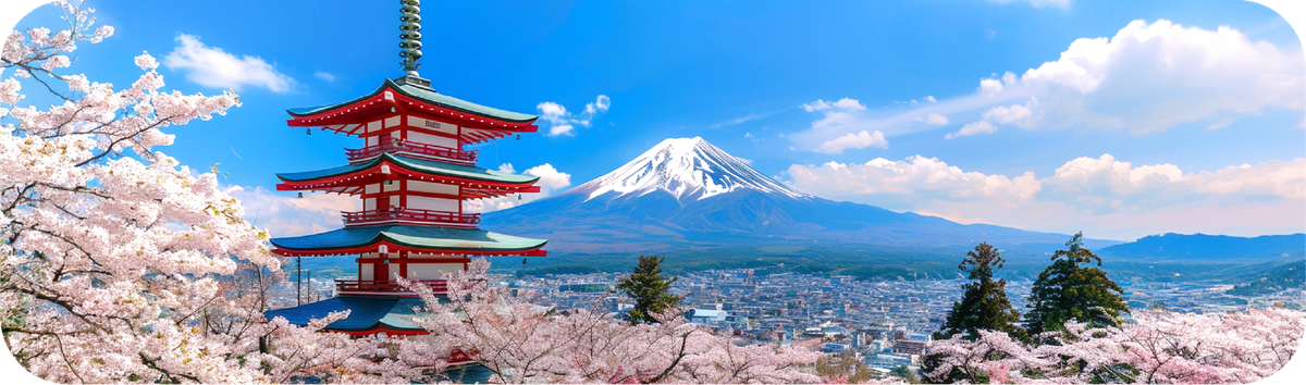 桜と富士山を背景にした日本の風景。インドネシアから日本へ送金する方法のイメージ。
