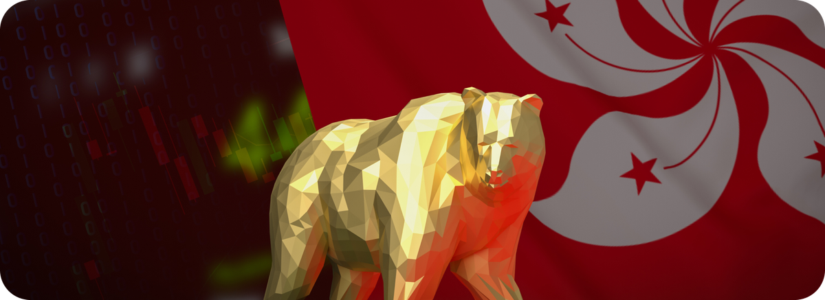 Ilustrasi perdagangan dan impor dari Hong Kong dengan bendera Hong Kong dan grafik pasar