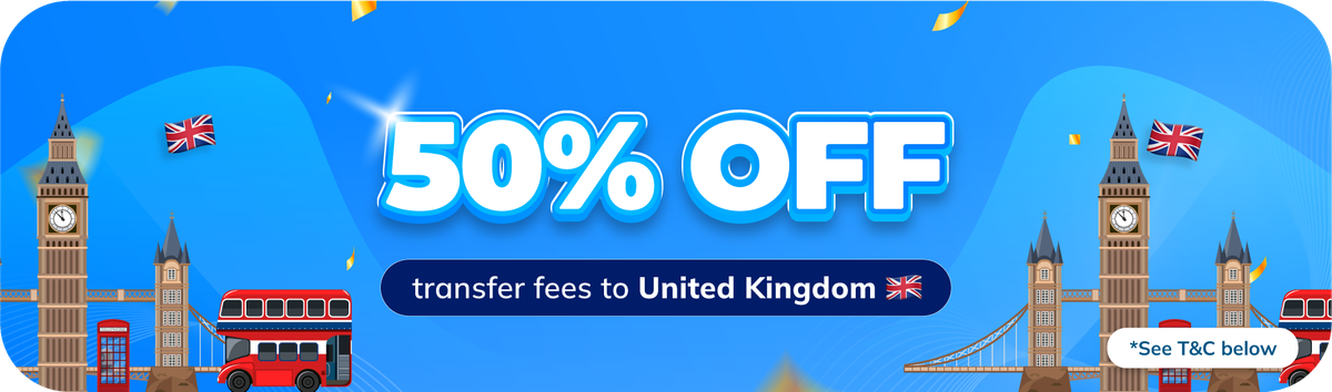 50% OFF Transfer Fees to United Kingdom