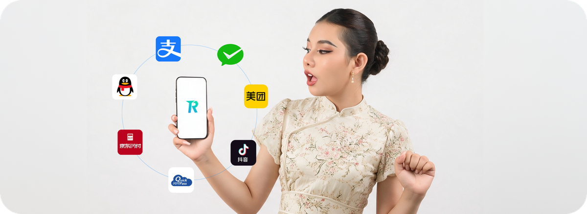 Ilustrasi perempuan memegang ponsel dengan logo aplikasi Topremit, dikelilingi berbagai logo e-wallet populer di China