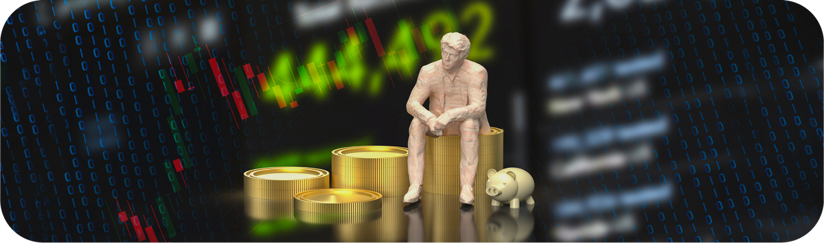 為替レートのチャート、コイン、貯金箱を背景にお金について考える人物のイメージ