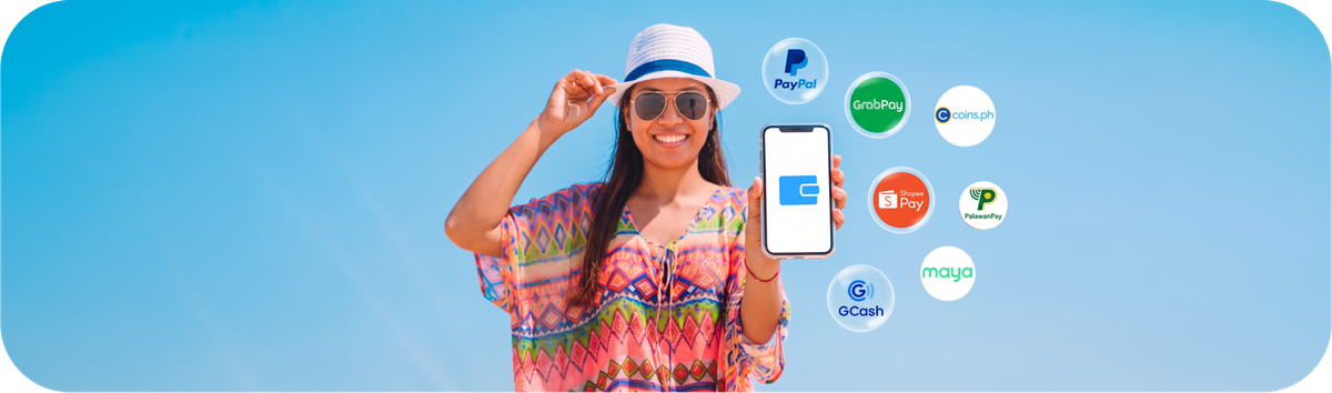 Ilustrasi 7 e-wallet terbaik di Filipina seperti GCash, Maya, PalawanPay, ShopeePay, Coins.ph, GrabPay, dan PayPal