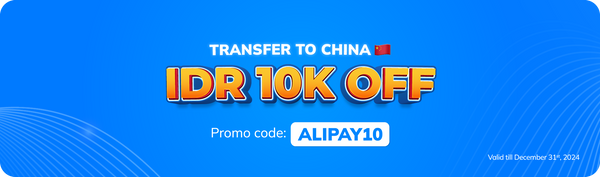 Promotional graphic representing a discount of IDR 10,000 on transfers to China with China flag emoji on the top of it.