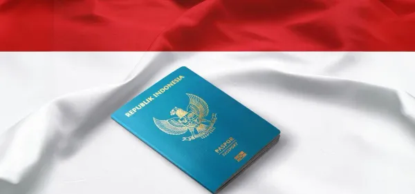 Paspor Indonesia berwarna kehijauan di atas bendera Indonesia yang berwarna merah di bagian atas dan putih di bagian bawah