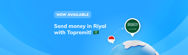 Globe with Saudi Arabia & Indonesia flag and text: "Send money in Riyal from Indonesia with Topremit.
