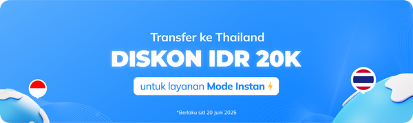 Sebuah banner yang menunjukkan diskon IDR 20K biaya transfer ke Thailand