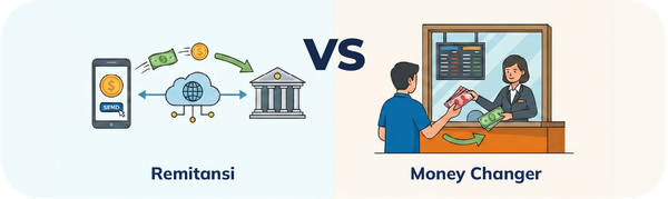 Ilustrasi perbandingan transfer uang digital melalui aplikasi ponsel dengan layanan money changer.