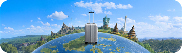 A suitcase on a globe with iconic Indonesian landmarks, symbolizing what it is like to live in Indonesia as an expat.