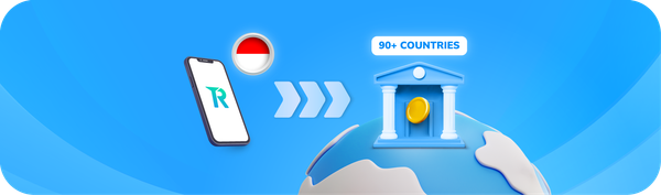 Illustration of the Topremit app sending money from Indonesia to banks in over 90 countries worldwide.