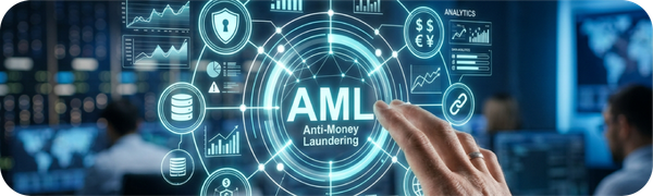 Ilustrasi dashboard digital bertuliskan AML (Anti-Money Laundering) dengan berbagai elemen lambang keamanan yang futuristik.