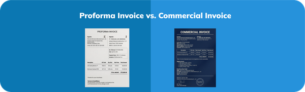 Perbandingan tampilan proforma invoice dan commercial invoice dalam transaksi internasional dengan contoh dokumen nyata.