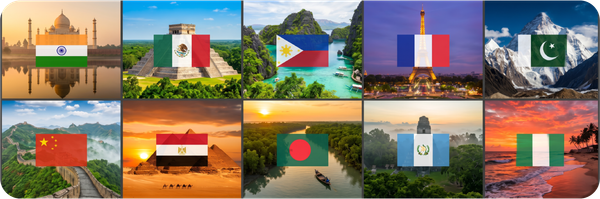 Kolase bendera dan landmark negara penerima remitansi terbesar di dunia.