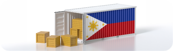 Ilustrasi kontainer dengan bendera Filipina dan kotak kargo untuk kebutuhan pengiriman barang dan transaksi bisnis ke Filipina.