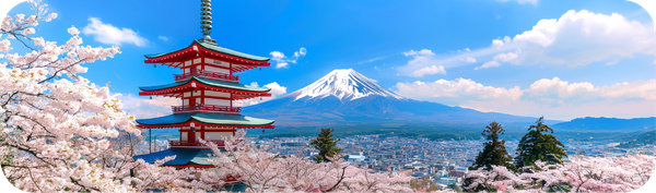 桜と富士山を背景にした日本の風景。インドネシアから日本へ送金する方法のイメージ。
