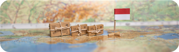 Ilustrasi paket impor di atas peta dengan bendera Indonesia sebagai gambaran proses impor barang dari luar negeri ke Indonesia.