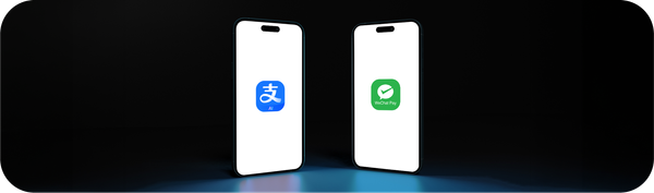 两部智能手机分别显示支付宝和微信支付标志，用于展示从印度尼西亚向中国汇款