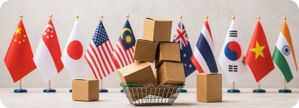 Kotak barang impor dengan bendera 10 negara pemasok impor terbesar Indonesia