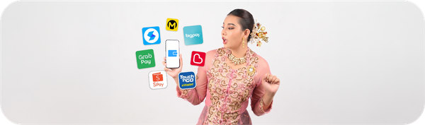 Ilustrasi wanita memegang smartphone dikelilingi logo Touch 'n Go eWallet, GrabPay, ShopeePay, Boost, MAE, BigPay, dan Setel sebagai e-wallet populer di Malaysia.